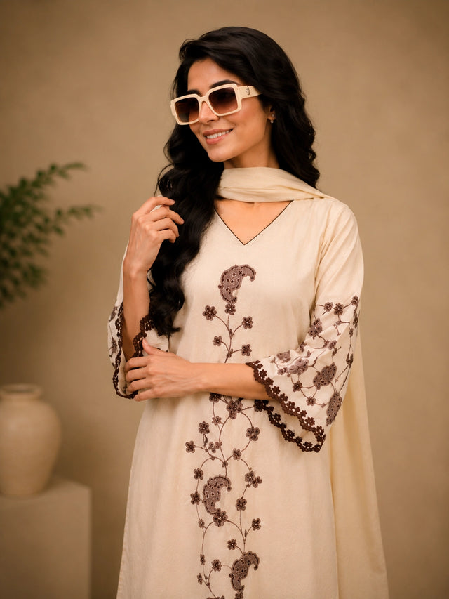 Elegant Cream Co ord set with Brown Floral Embroidery
