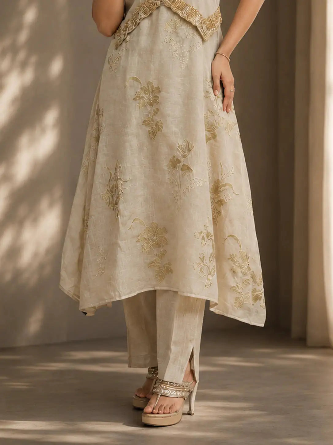 Beige Embroidered A-Line Kurta Set with Straight Pants