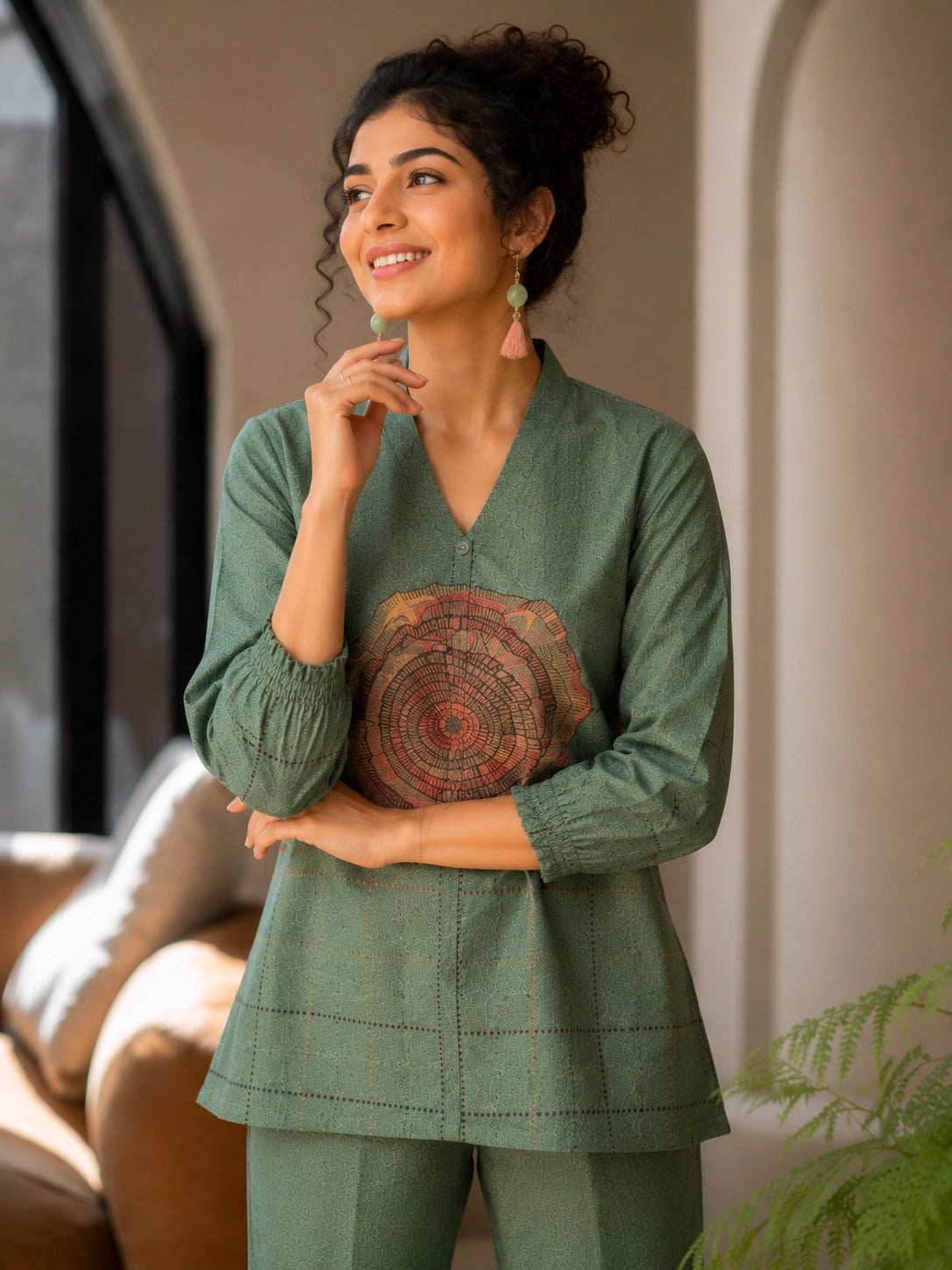 Pista Green Co-ord Set with Unique Tree Ring Print