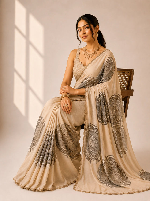 Elegant Cream  Saree with Abstract Wave Print and Embellished Blouse
