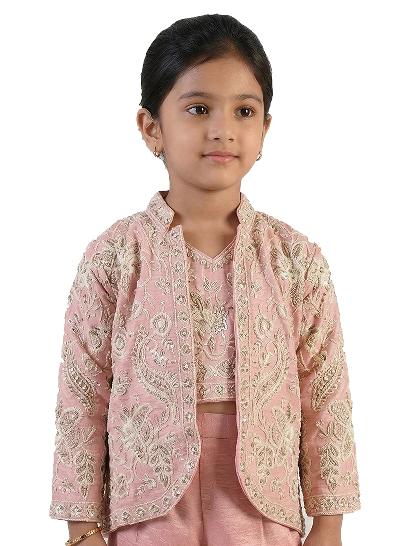 pink embroidered co ord set for girls with jacket and pants satin crepe party wear kids outfit
