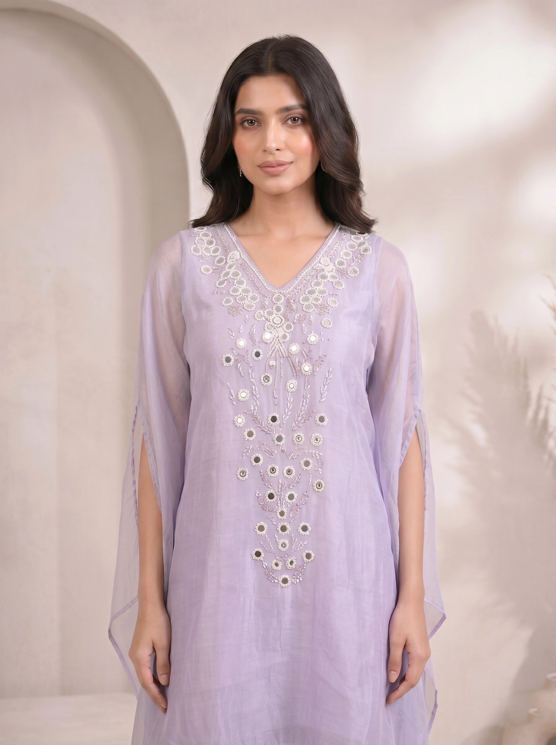 Elegant Purple Embroidered Kaftan and Dhoti Pants Set
