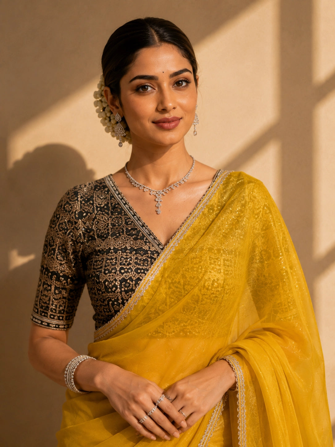 Elegant Mustard Saree with Black Brocade Blouse