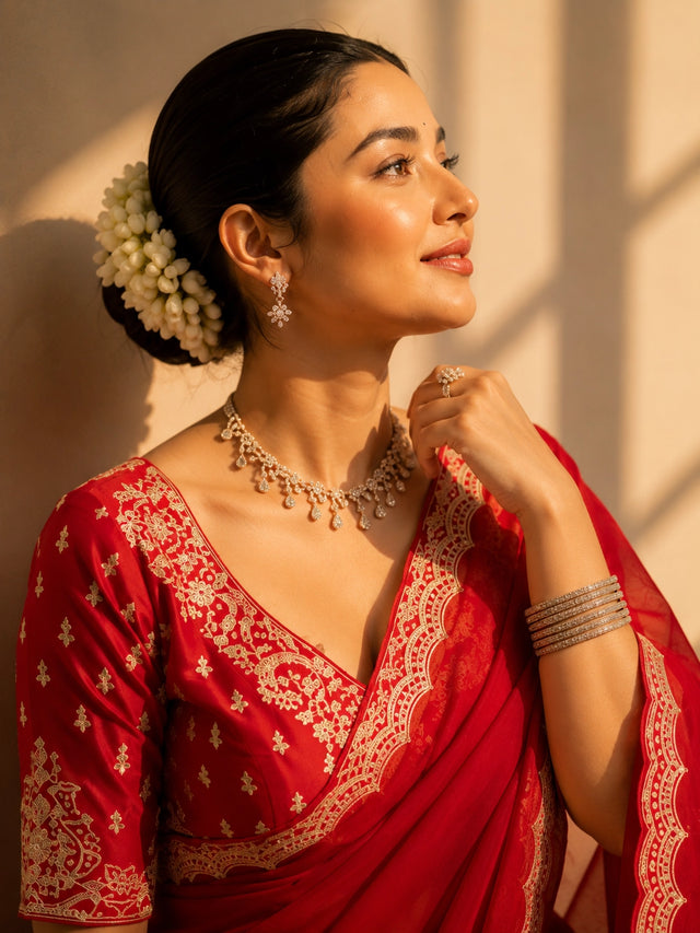 Elegant Red Embroidered Saree with Designer Lace Border | Wedding & Party Wear Saree