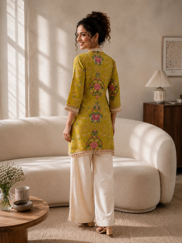 Vibrant Yellow Floral Print Co ord set with Cream Pants