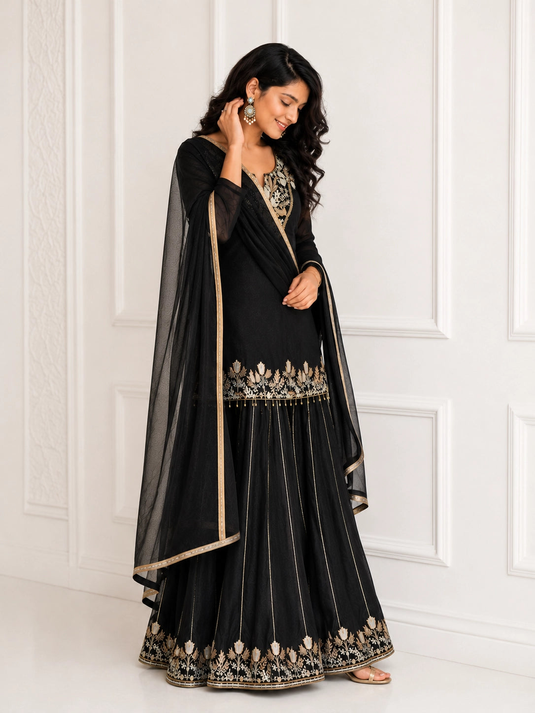 Black Embroidered Sharara Set with Dupatta for Women