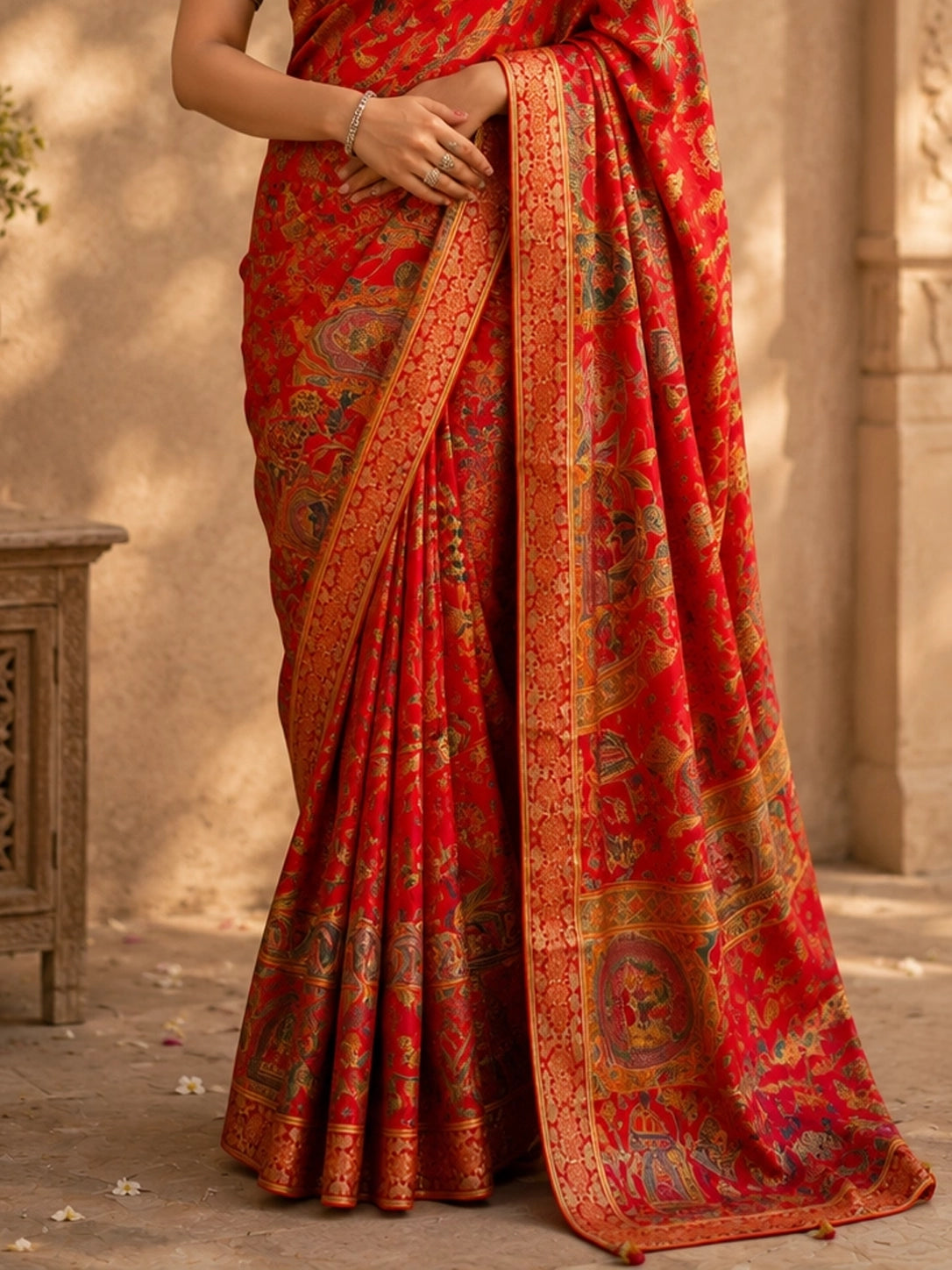 Red Floral Woven Silk Saree with Teal Embroidered Blouse