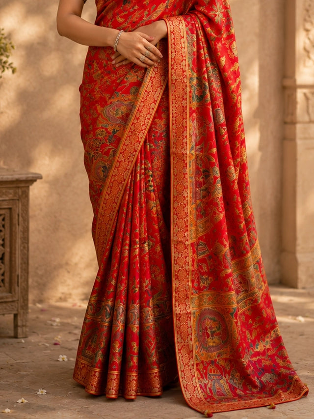 Red Floral Woven Silk Saree with Teal Embroidered Blouse