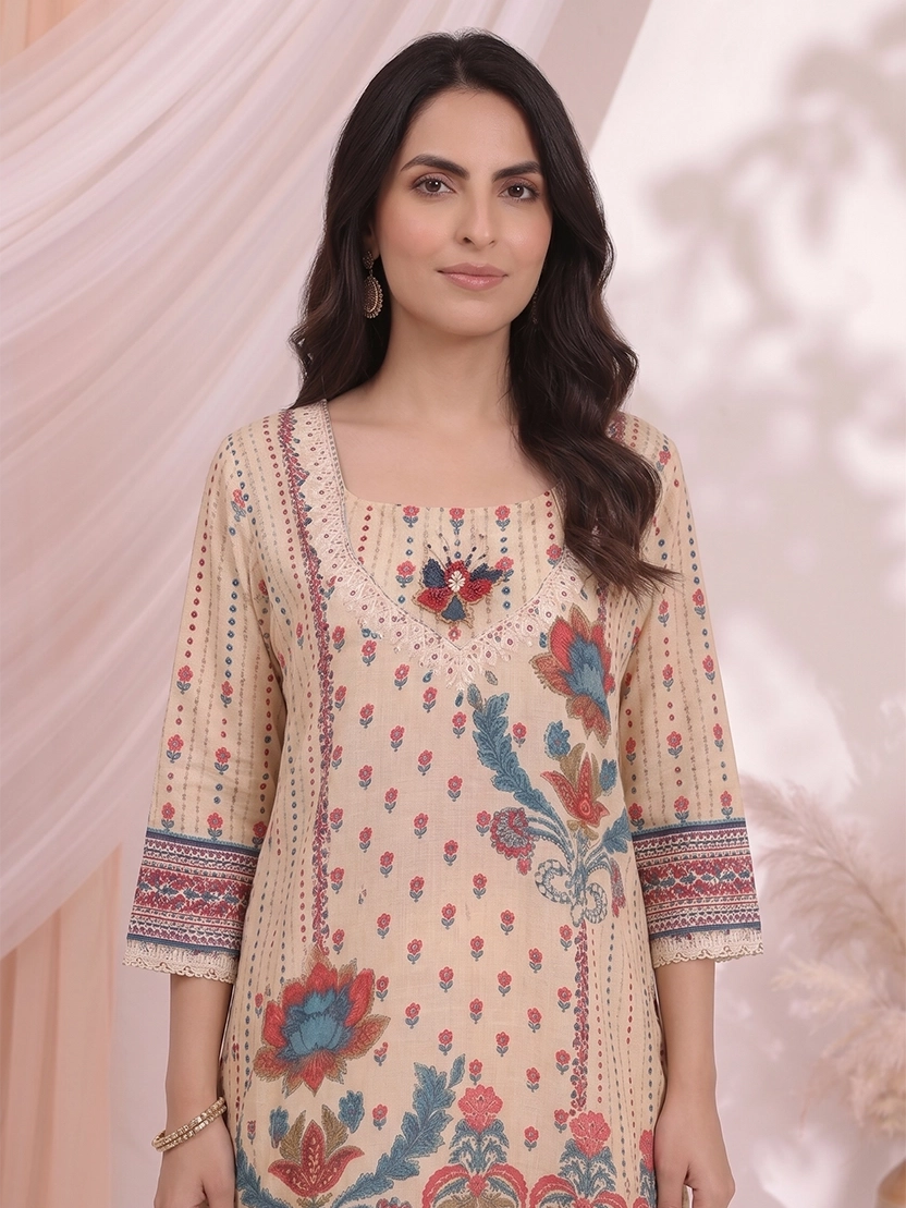 Cream Printed Co Ord Set for Women with Floral Design