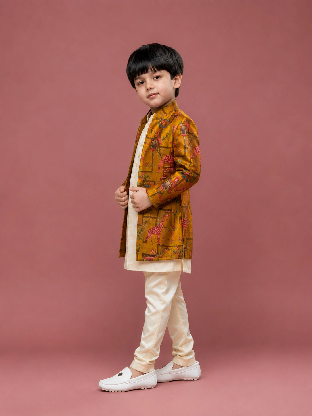 Boys Yellow Brocade Indo-Western Sherwani Set with Cream Kurta & Pajama