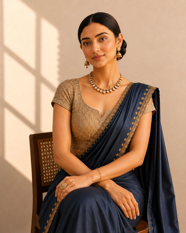 Sophisticated Grey Saree with Intricate Golden Border