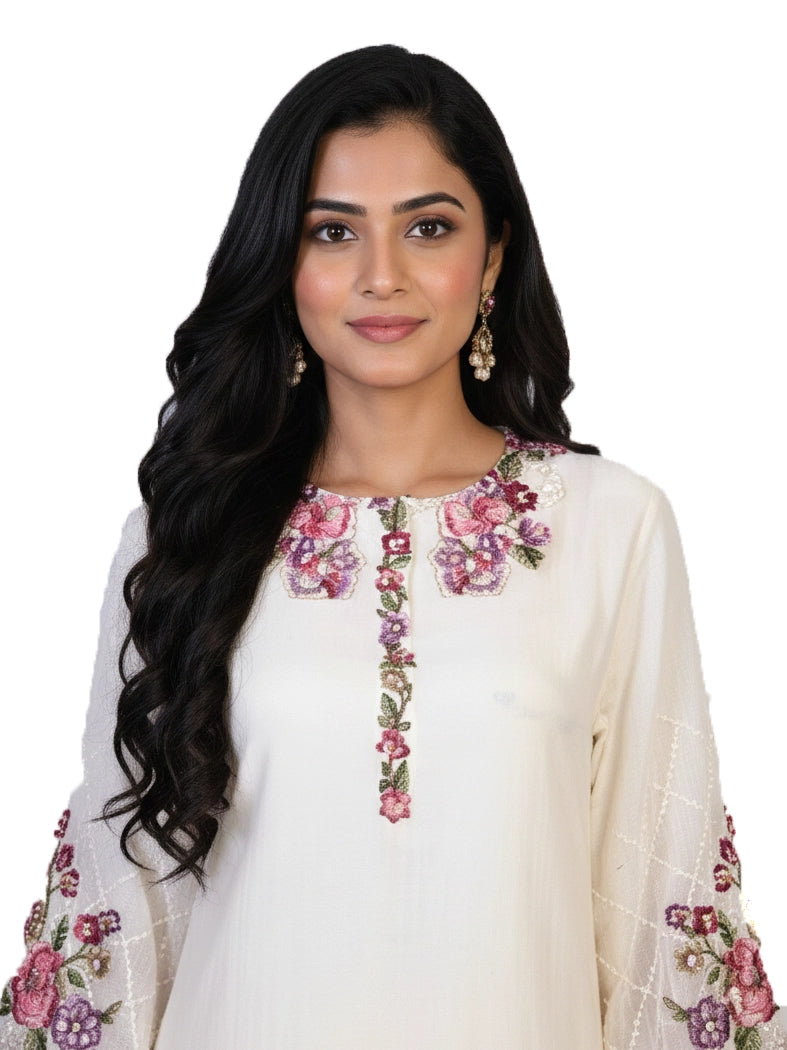 Cream Floral Embroidered Kurti with Pants for Women – Elegant Ethnic Wear