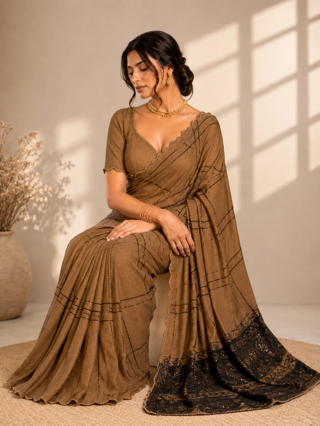 Elegant Brown  Saree with Geometric Print and Embellished Border