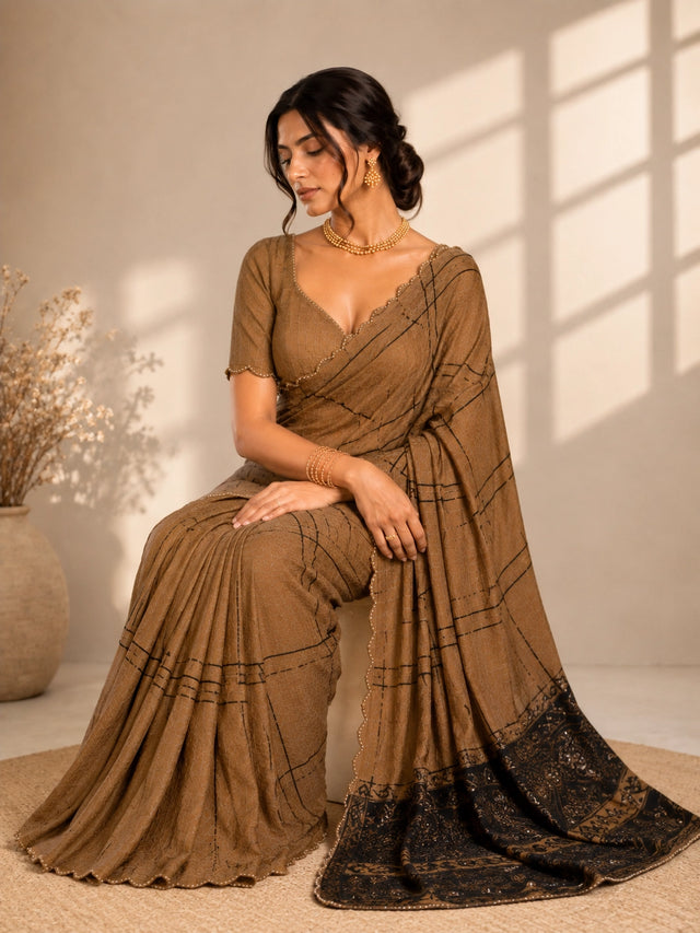 Elegant Brown  Saree with Geometric Print and Embellished Border