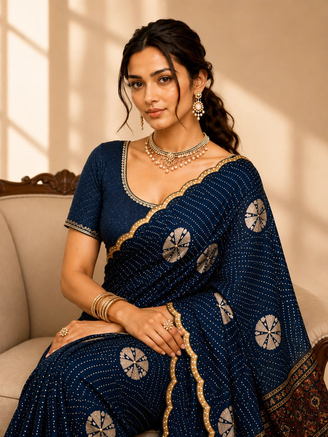 Elegant Blue  Bandhani Saree with Scalloped Border
