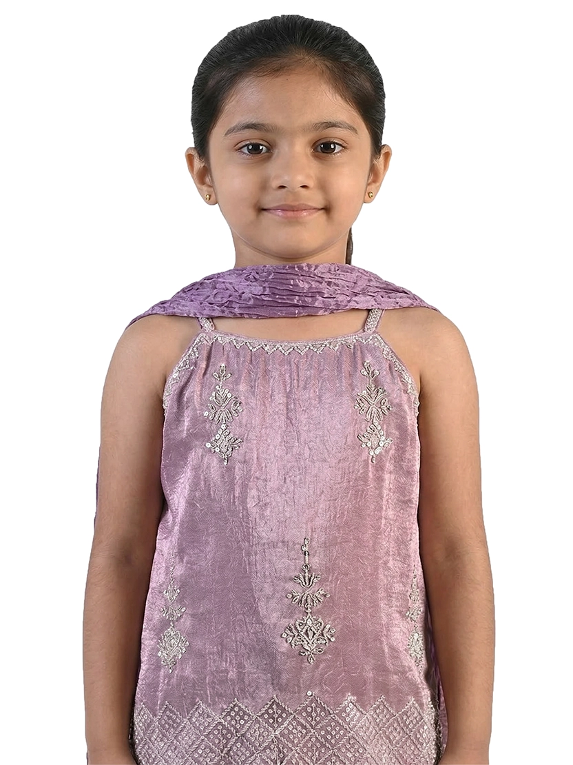 purple embroidered co ord set for girls with dupatta and pants organza silk festive kids outfit