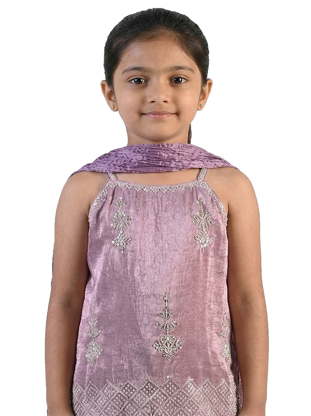 purple embroidered co ord set for girls with dupatta and pants organza silk festive kids outfit
