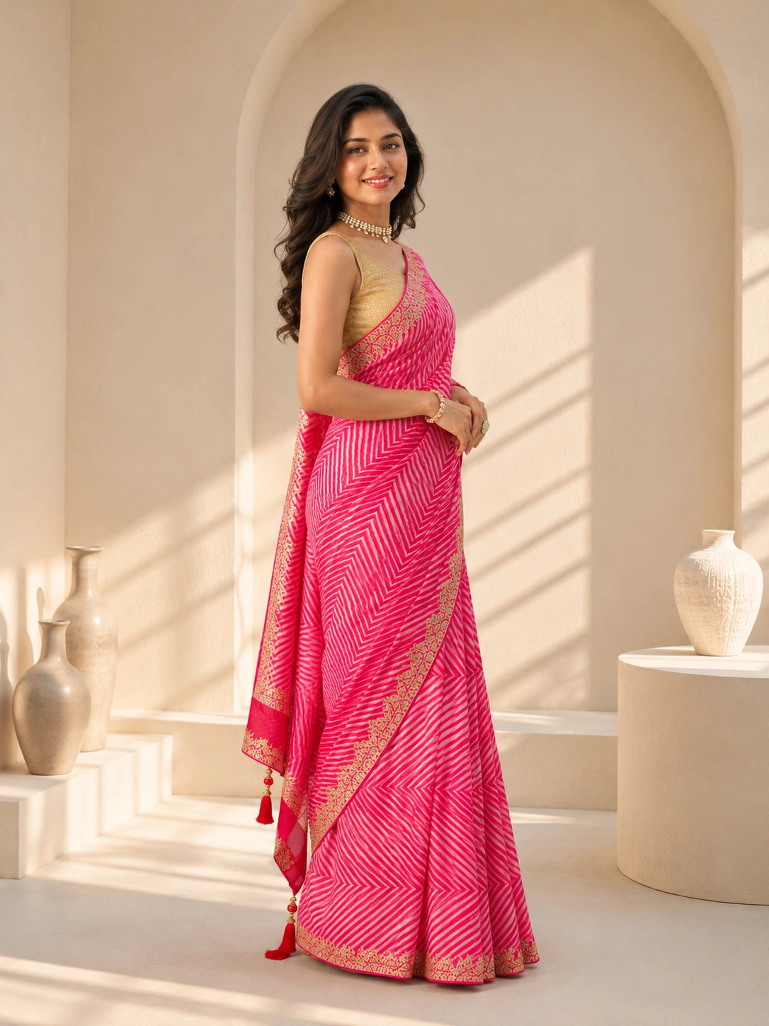Pink Silk Saree with Embroidered Border