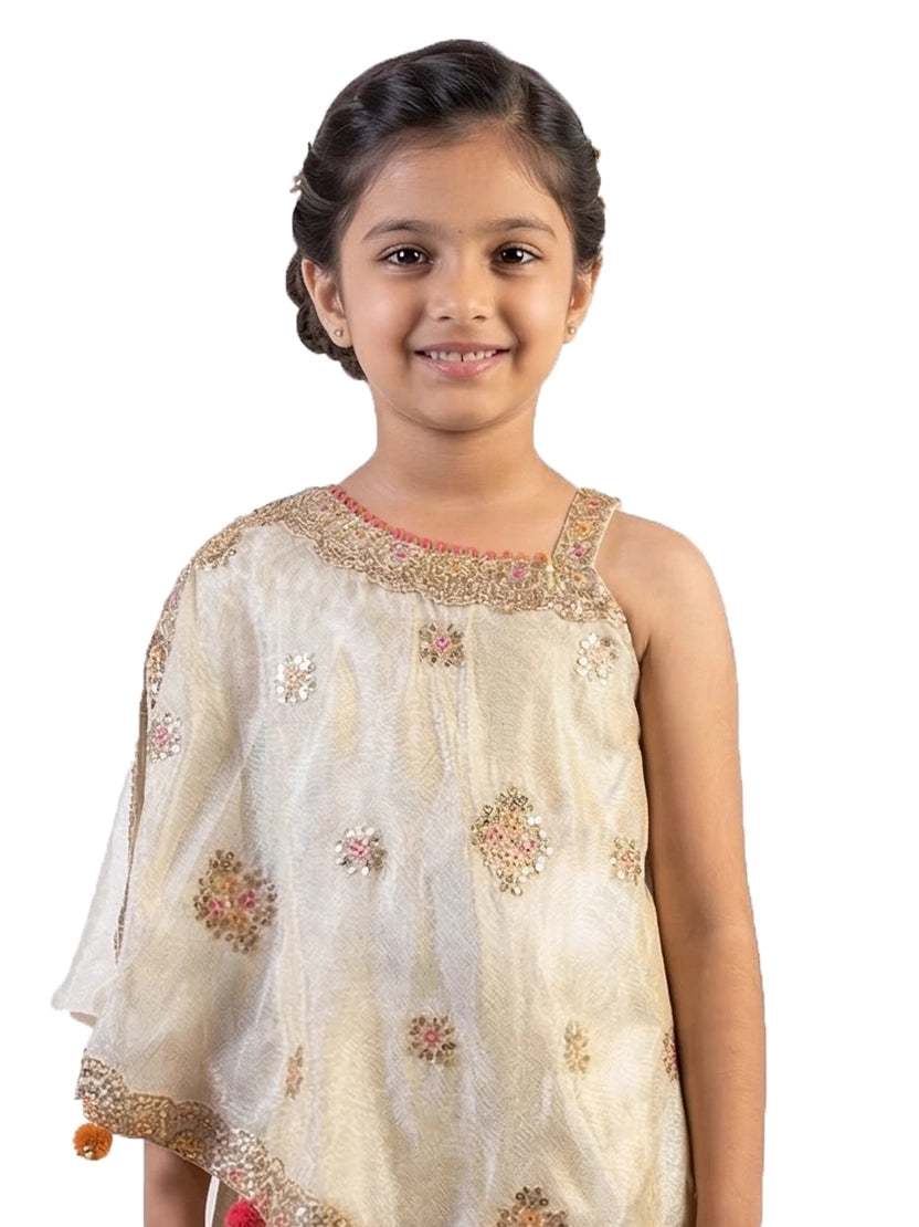 fawn embellished ethnic co ord set for girls with cape style top and pants tissue silk festive wear