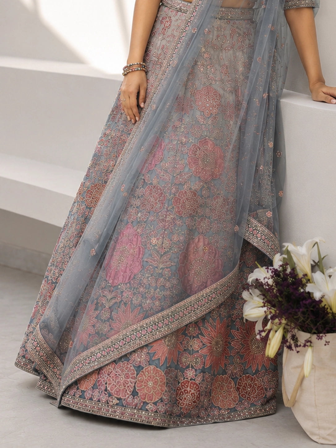 Grey Floral Woven Lehenga Set with Embroidered Blouse & Soft Net Dupatta