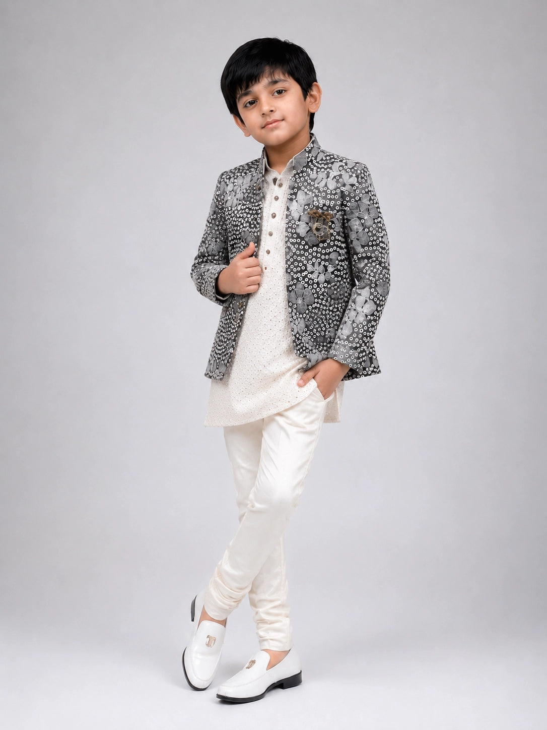 Boys Pista Printed Indo-Western Jacket Set with Cream Kurta & Pajama