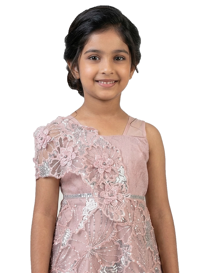 peach embellished party gown for girls with floral lace design crepe satin kids dress