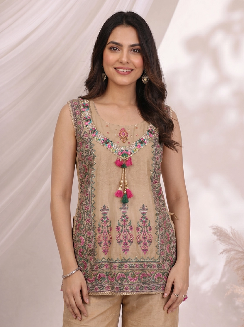 Beige Printed Kurti Set with Embroidered Neckline & Kurti Pants