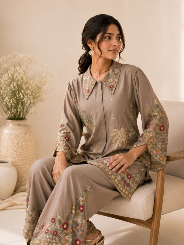 Beige Embroidered Kurta Palazzo Set | Elegant Festive Wear