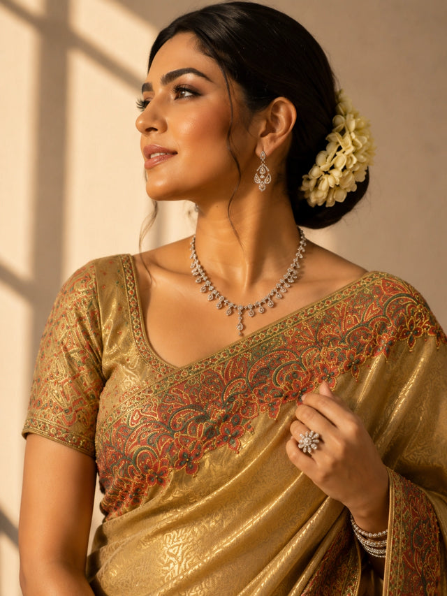 Beige Designer Saree with Multicolor Embroidered Border | Premium Ethnic Wear