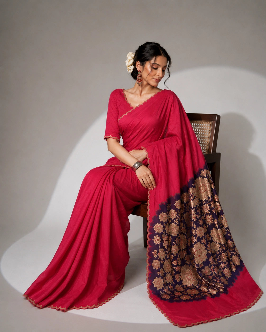 Rani Designer Saree with Floral Printed Pallu & Elegant Border