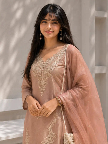 Pink Embroidered Kurta Set with Flared Palazzo & Embellished Dupatta