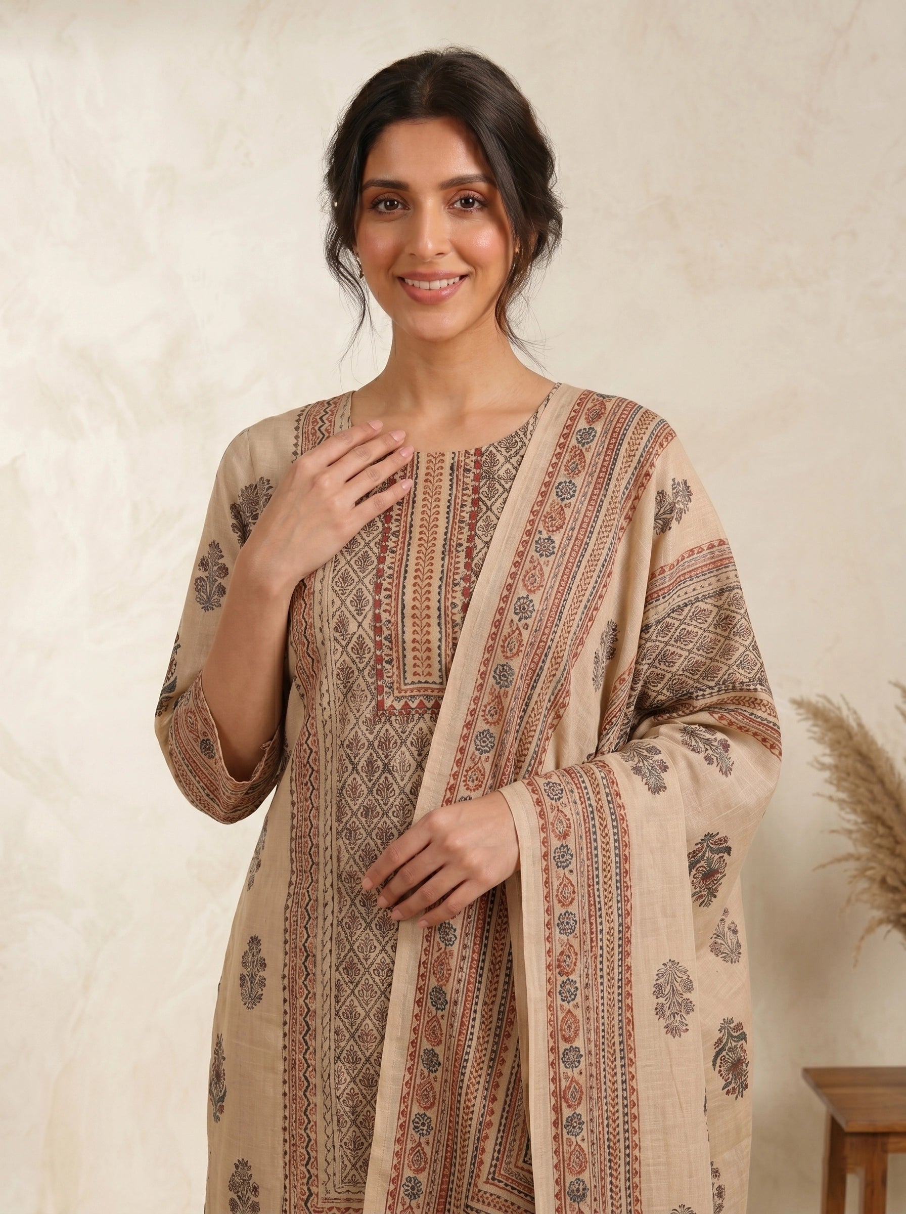 Elegant Beige Printed Kurti and Pants Set with Scarf