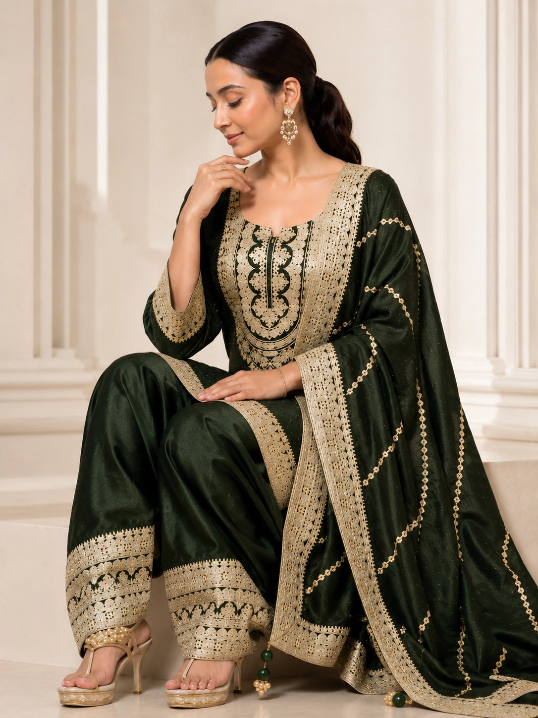 Mehendi Embroidered Kurti Set with Dupatta & Patiala Pants
