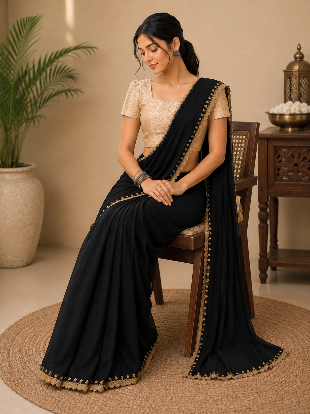 Elegant Black Saree with Gold Embroidered Border and Blouse