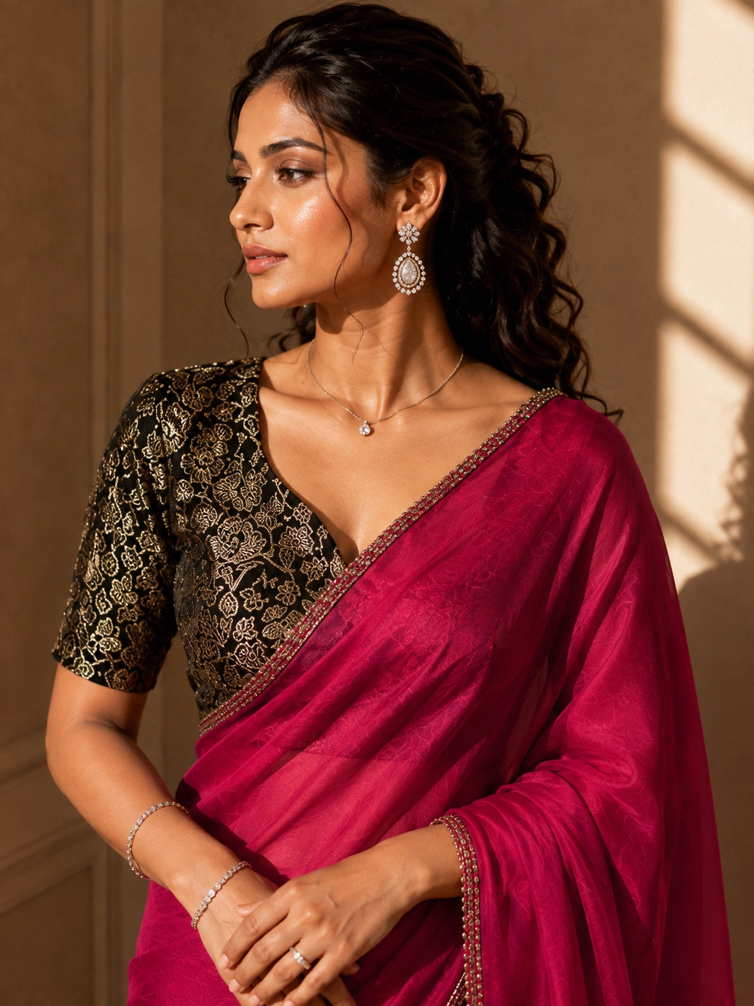 Elegant Red Saree with Black Brocade Blouse