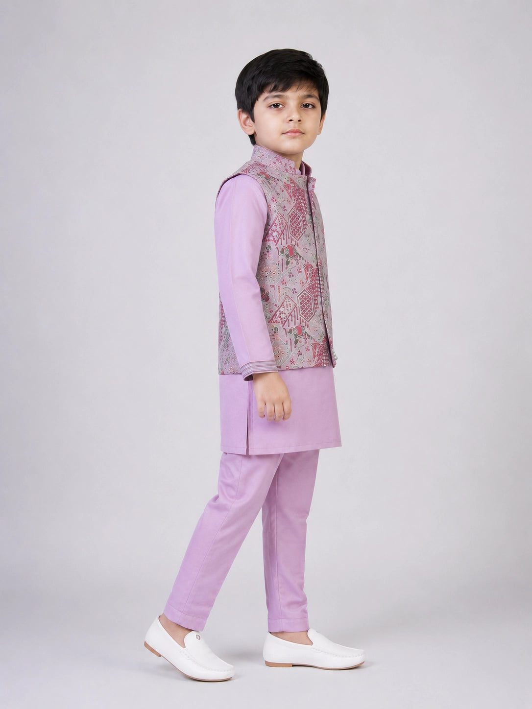 Lavender Printed Kurta Set with Nehru Jacket for Boys – Festive Ethnic Wear