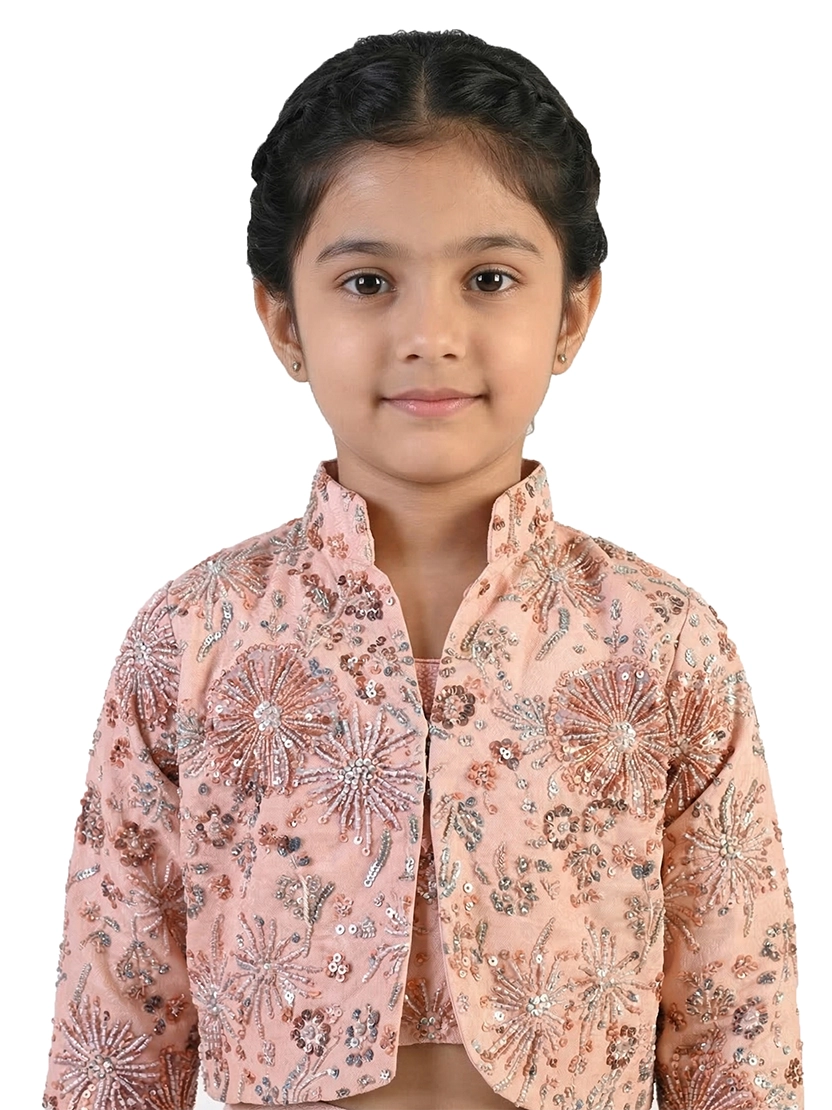 peach printed co ord set for girls with jacket and pants satin silk ethnic party wear kids outfit