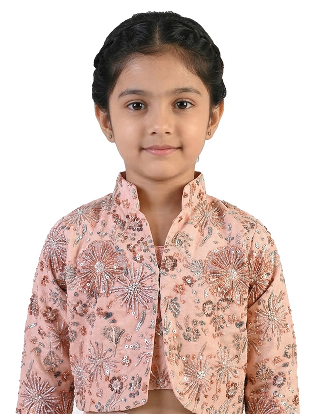 peach printed co ord set for girls with jacket and pants satin silk ethnic party wear kids outfit