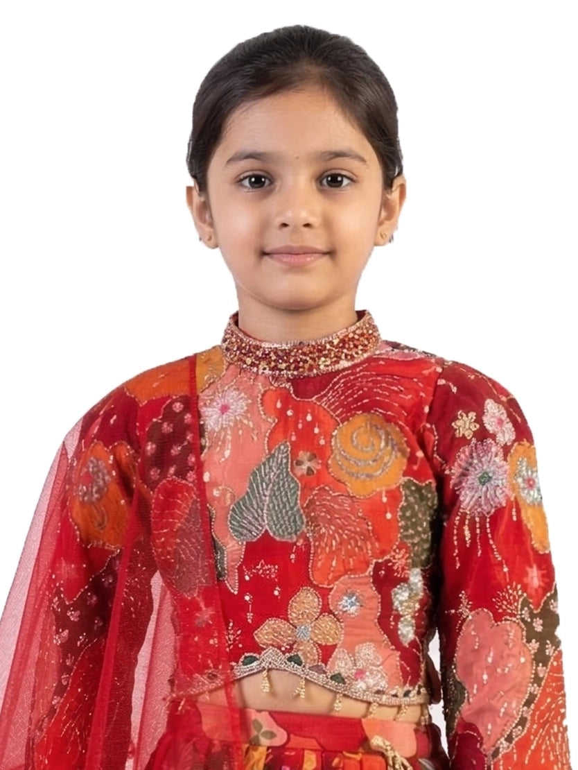 red floral printed lehenga choli for girls with dupatta satin silk party wear kids ethnic dress