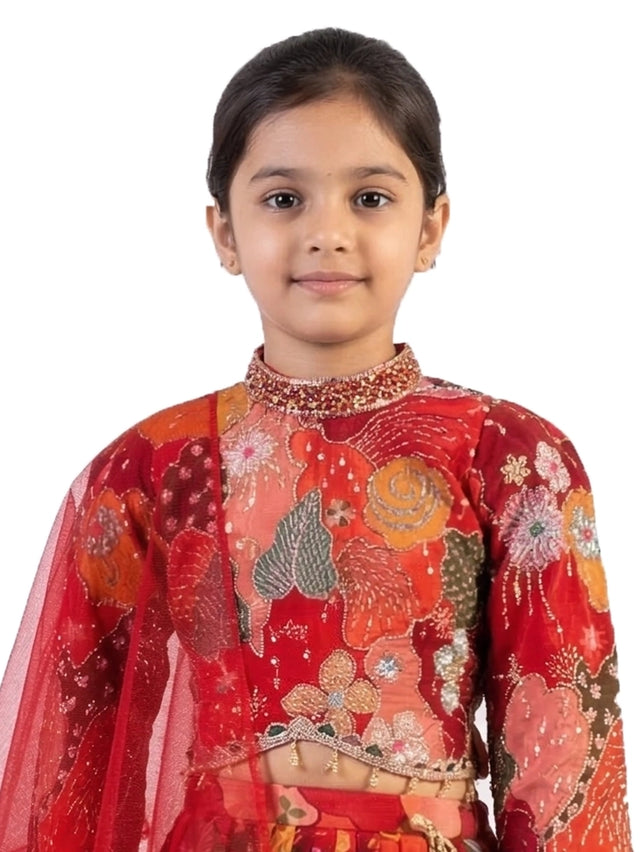 red floral printed lehenga choli for girls with dupatta satin silk party wear kids ethnic dress