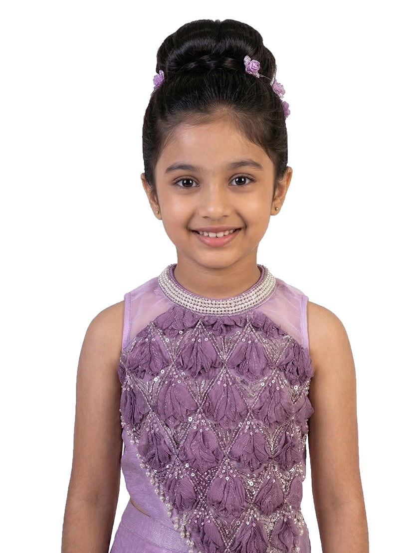 purple embellished party gown for girls with draped design synthetic kids ethnic dress
