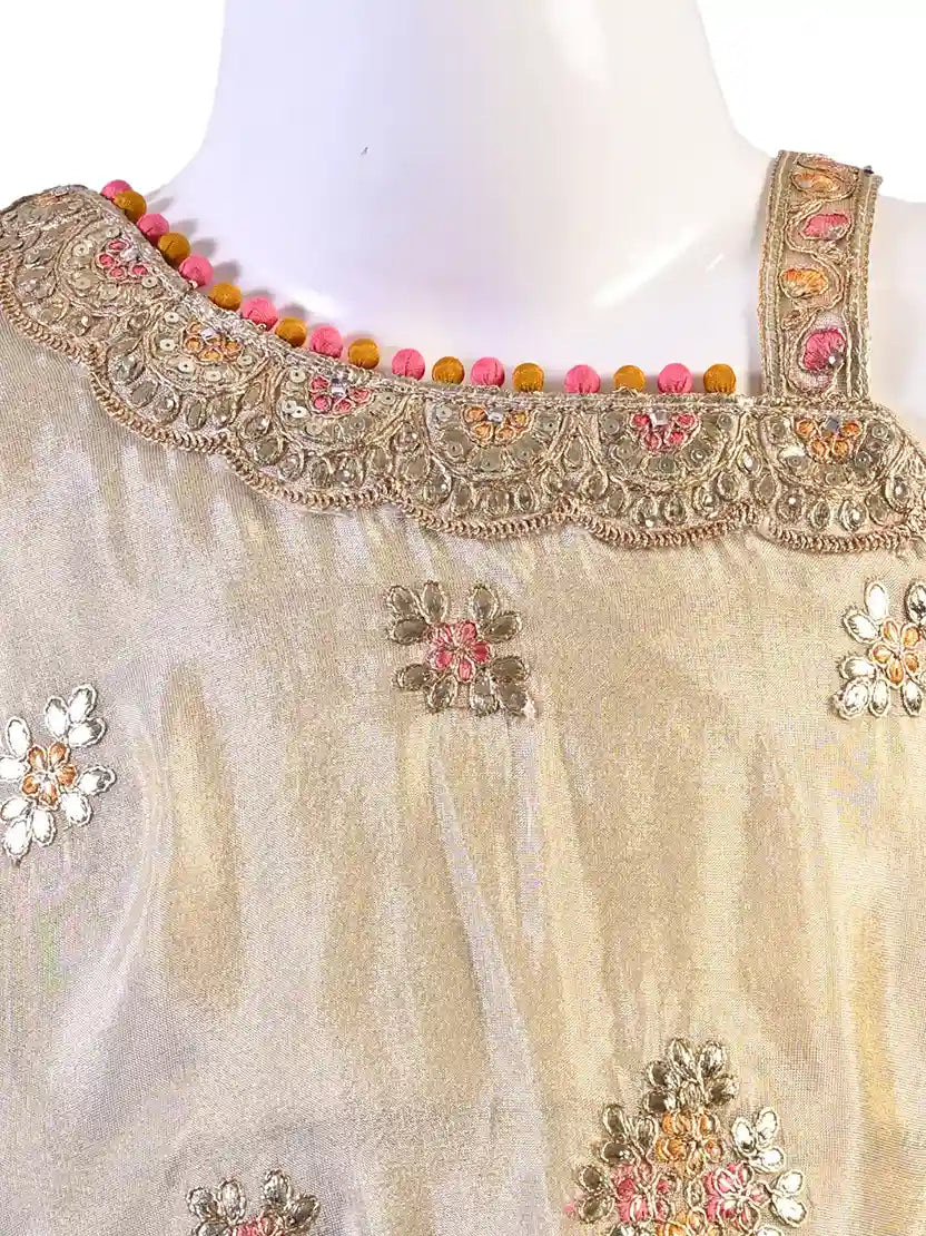 fawn embellished ethnic co ord set for girls with cape style top and pants tissue silk festive wear
