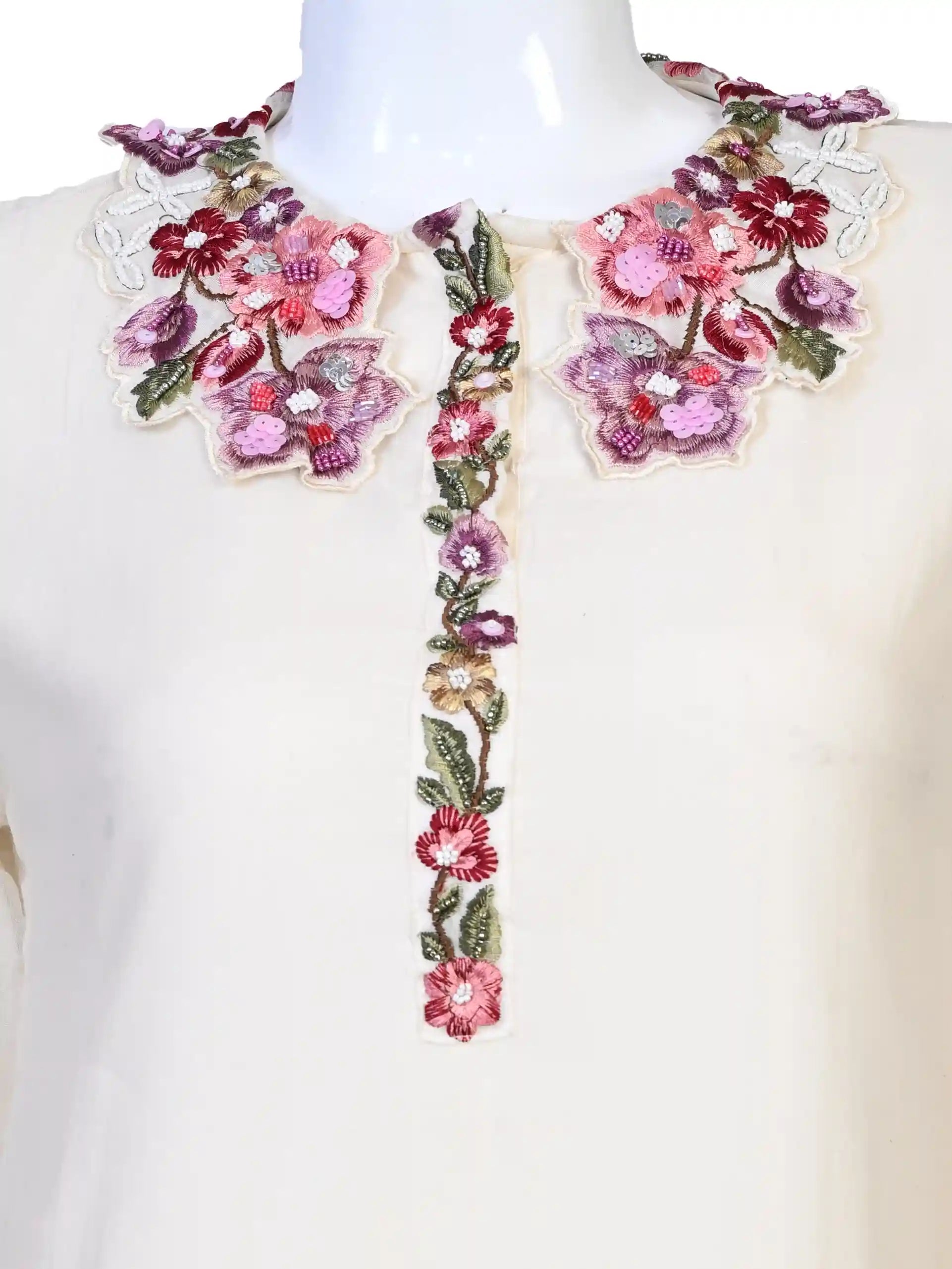 Cream Floral Embroidered Kurti with Pants for Women – Elegant Ethnic Wear
