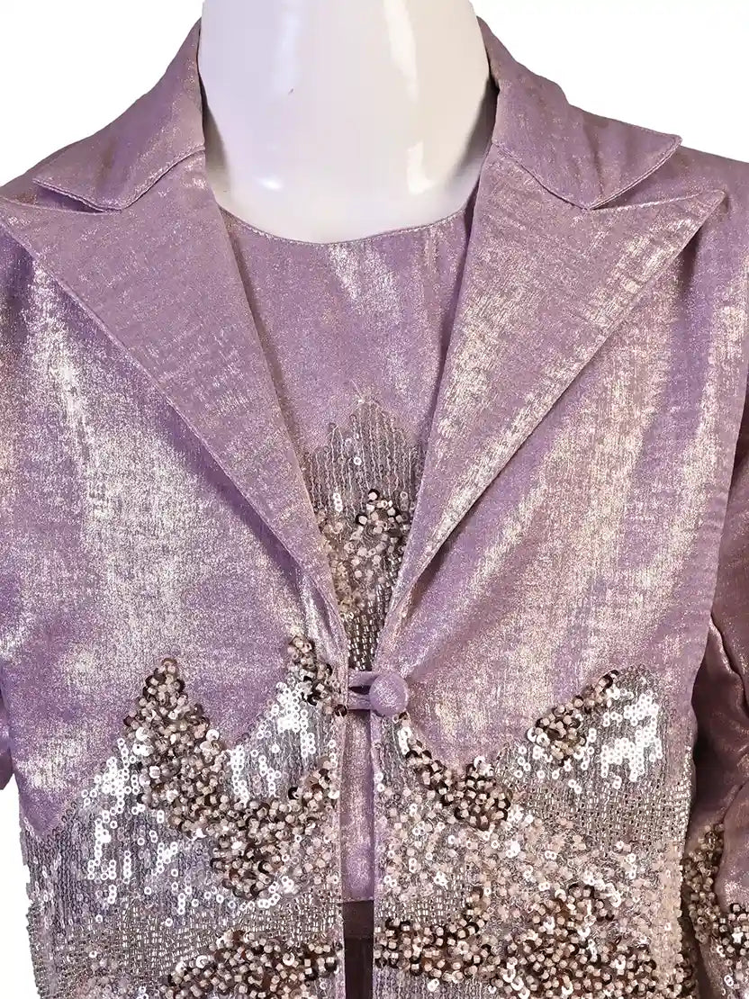 purple embellished co ord set for girls with jacket and pants metallic tissue silk party wear kids outfit