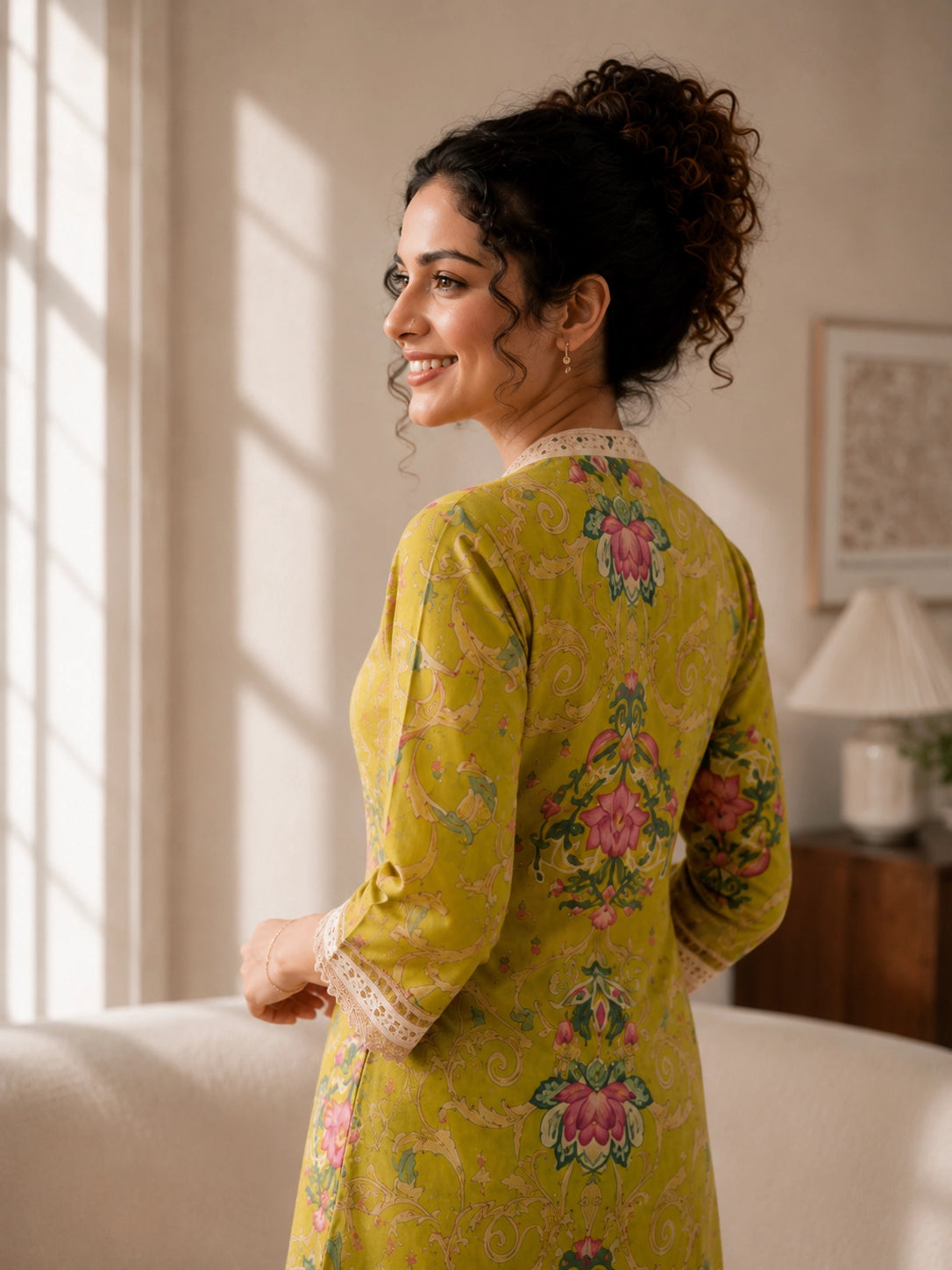 Vibrant Yellow Floral Print Co ord set with Cream Pants