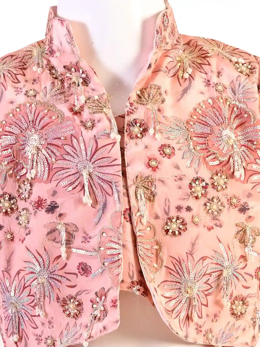 peach printed co ord set for girls with jacket and pants satin silk ethnic party wear kids outfit