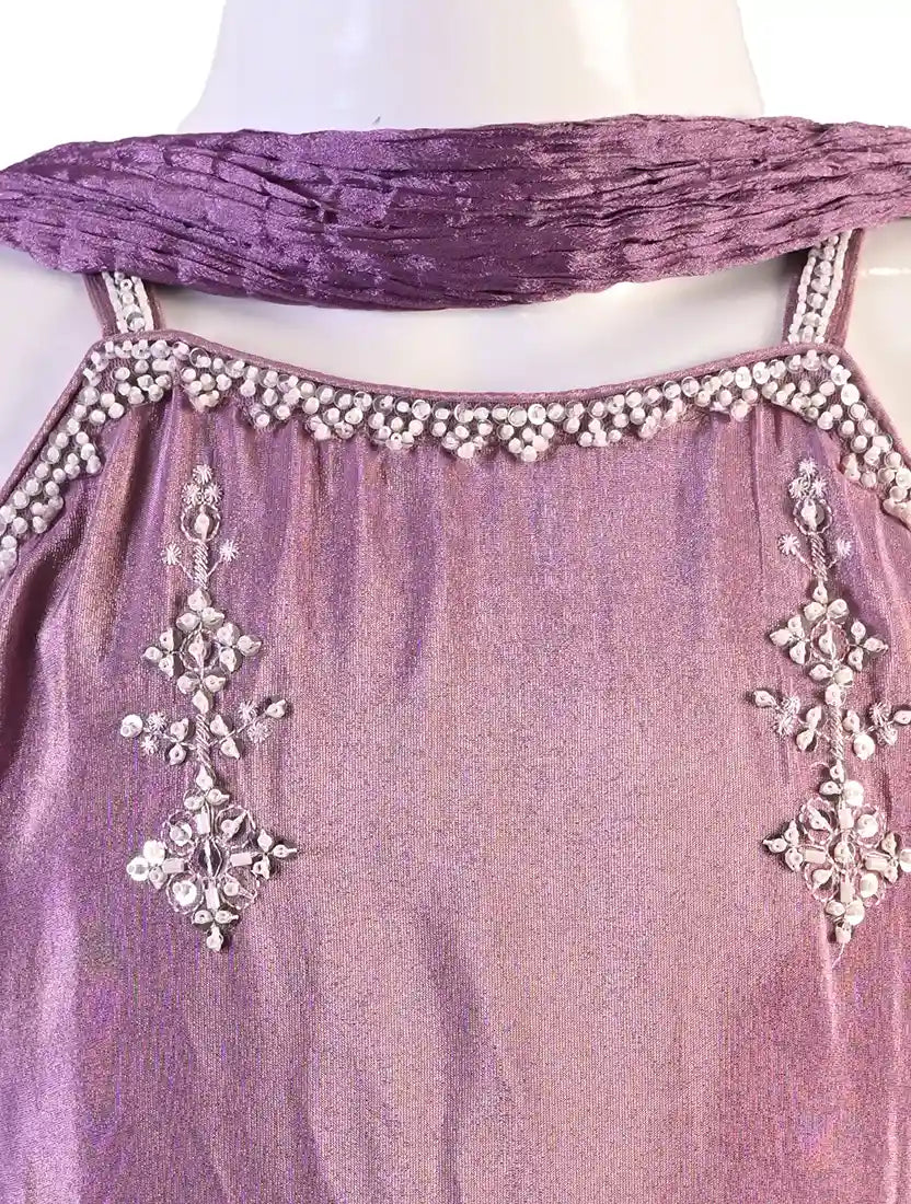 purple embroidered co ord set for girls with dupatta and pants organza silk festive kids outfit