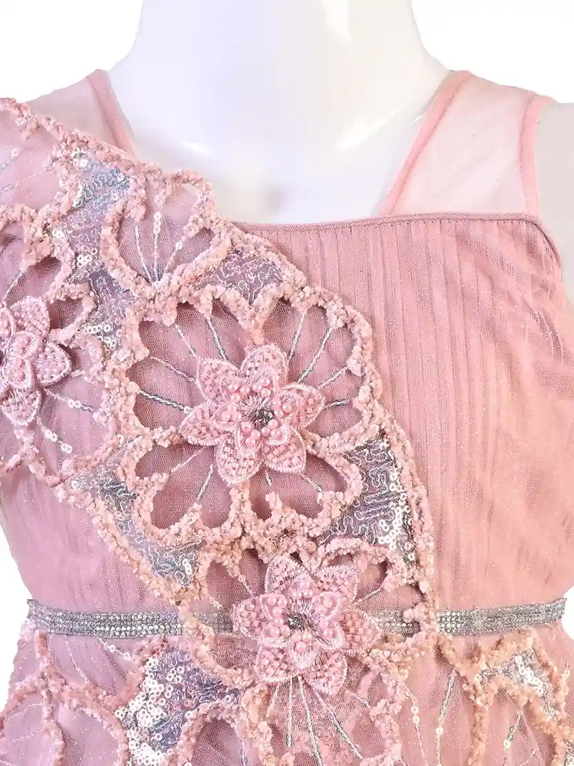 peach embellished party gown for girls with floral lace design crepe satin kids dress