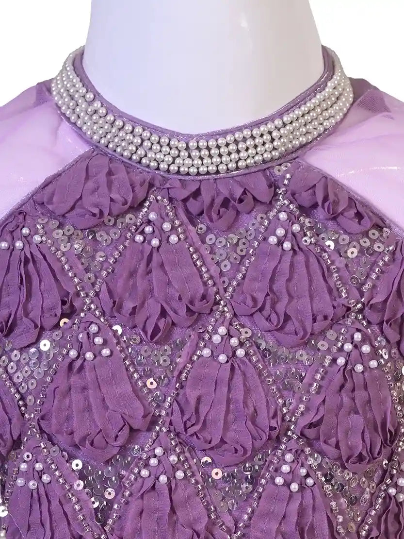 purple embellished party gown for girls with draped design synthetic kids ethnic dress