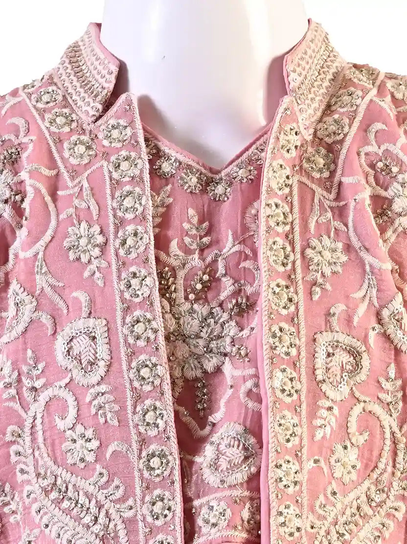 pink embroidered co ord set for girls with jacket and pants satin crepe party wear kids outfit